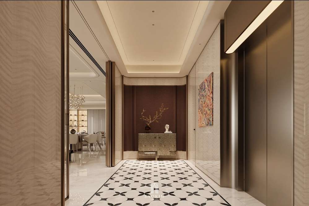 Không gian khu vực hành lang trong thiết kế chung cư cao cấp phong cách Contemporary Luxury dự án Vinhomes Symphony
